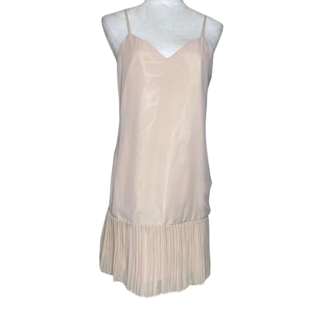 Anthology Tan Pleated Drop Waist Slip Dress XL Backless Satin Feel Minimalist - Picture 3 of 11